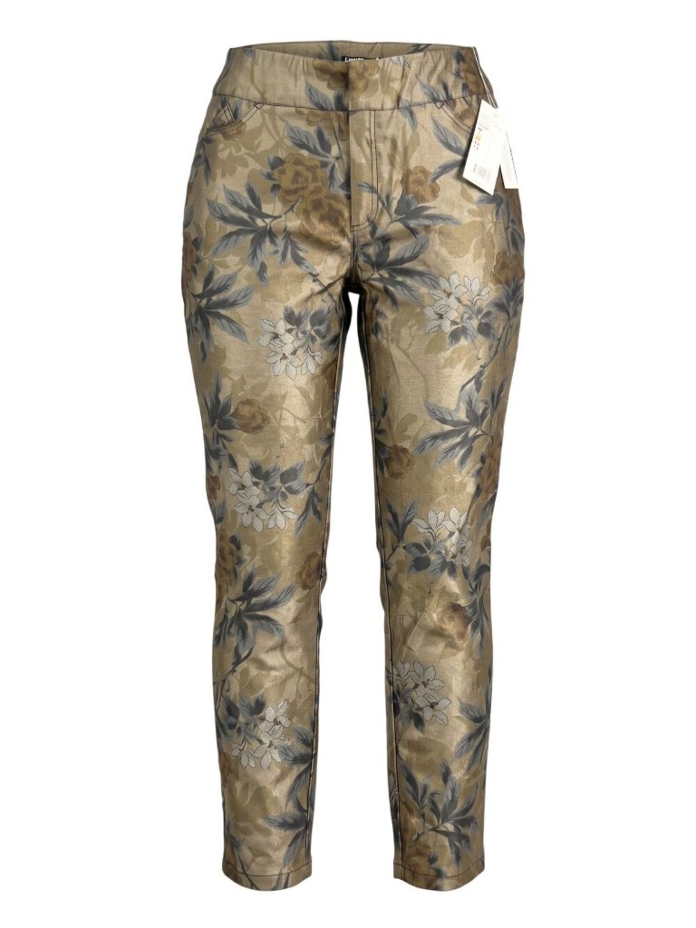 Lisette L NWT Womens Gold & Gray Floral Metallic Slim Pants Size 12